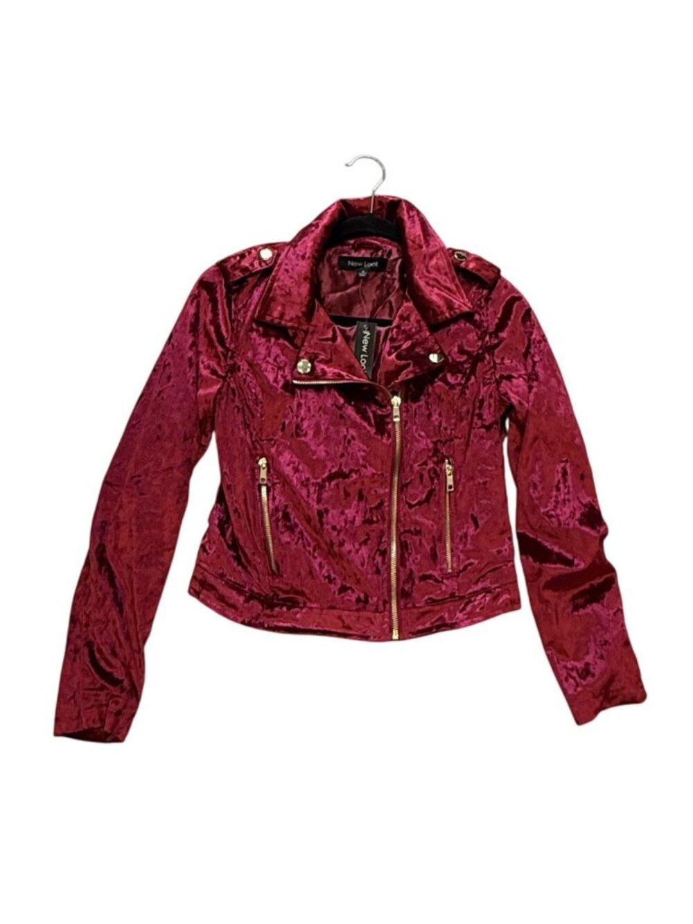 New Look Womens Red/Rose Velour Moto Biker Jacket Size S Pockets Goth